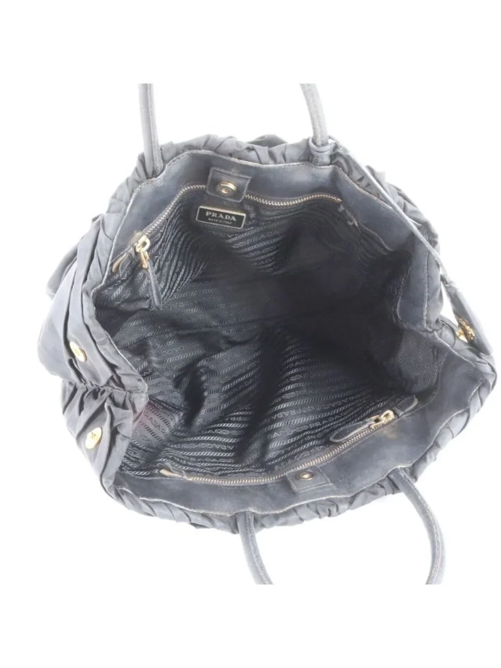 Prada Tessuto Nylon Gathered Triangle Logo Leather Tote Shoulder